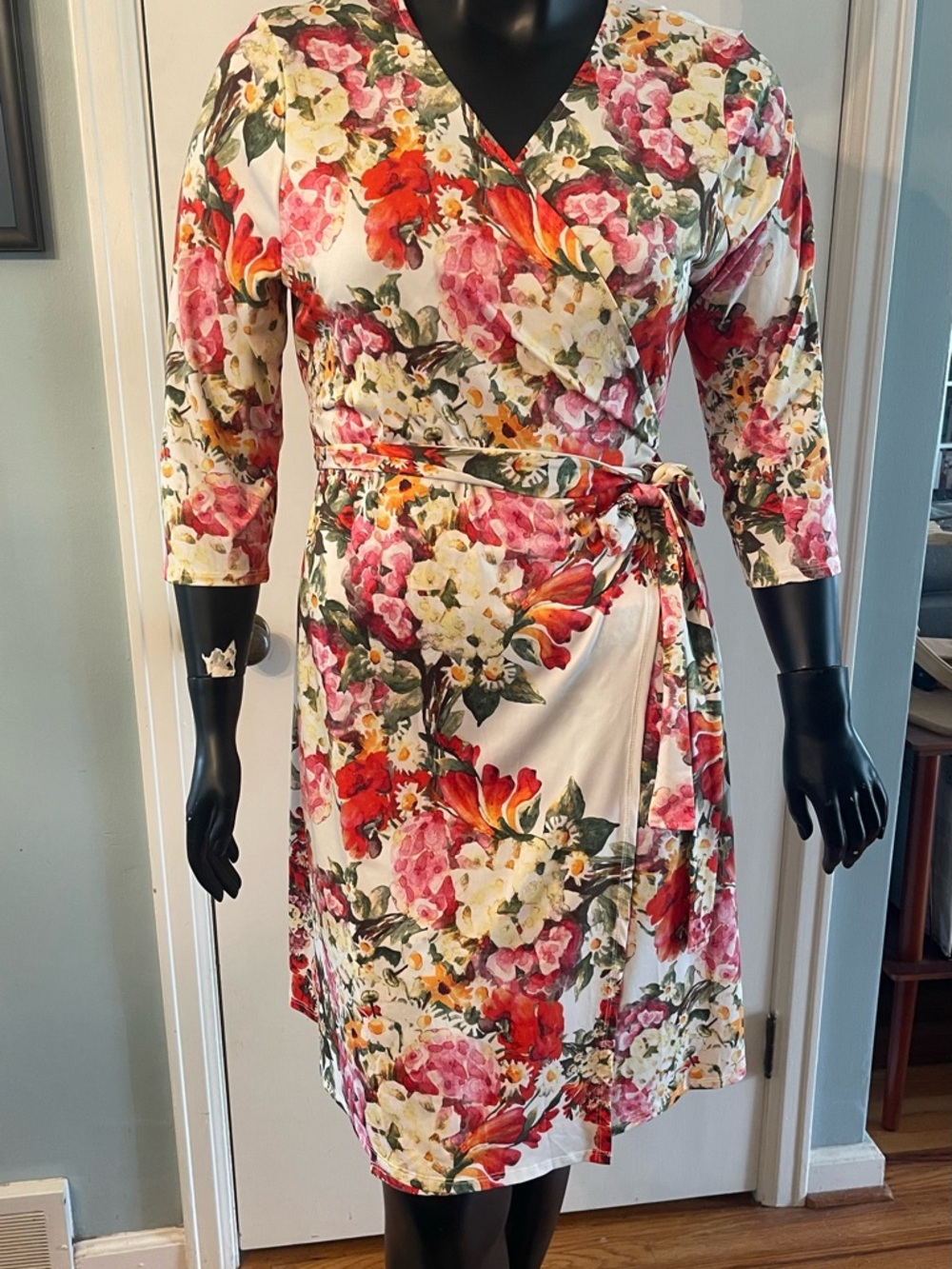Floral Wrap Dress in Cream and Pink - Women's